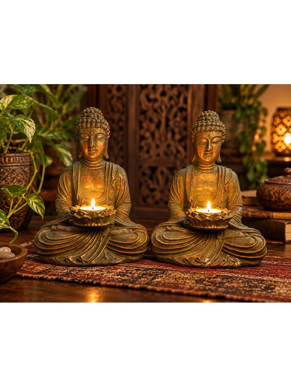 Pair Buddha Candle Holders Seated Lotus Meditation Statues 9” (b13/0100)